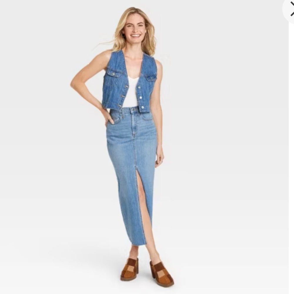 Blue Denim Maxi Skirt with Front Slit